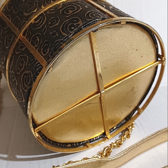 VINTAGE Metallic Drawstring Metal Frame Caged Bucket Shoulder Bag GUC - Picture 4 of 8